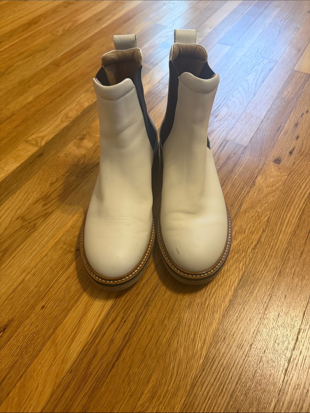 Everlane White Leather Chelsea Boots with Brown Sole
